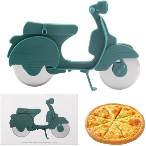 XENQITO 1 Stück Pizzaschneider Motorrad, Lustige Pizzaschneider, Edelstahl Kunststoff Pizzaroller, Pizza Schneider mit Dual Scharfem Schneiderad und Ständer, Pizza Roller Lustige Küchenhelfer, Grüner