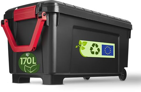 Iris Ohyama, Caja de plástico grande, 170L, Caja de garaje, Negra, Apilable, Cierres a presión robustos con asas, SIA-1000