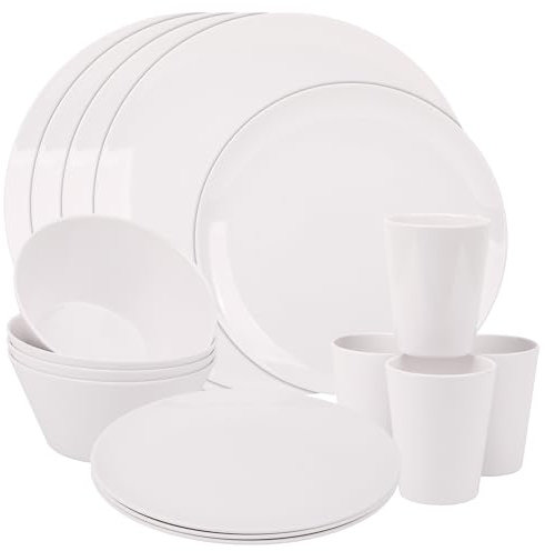 Trimming Shop 16pcs White Melamine Dinner Set Dishwasher Safe & Scratch Resistant 4 Plates, 4 Dessert Plates, 4 Bowls & 4 Cups Tableware Dinner Set Reusable Dinnerware Set for Indoor & Outdoor