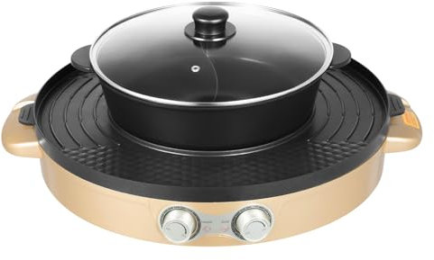 Grill elettrico & Hotpot combinato con tecnologia senza fumo, 2000 W, griglia multifunzione per interni, padella con 6 livelli di temperatura, piastra in ghisa per fonduta, carne e verdure