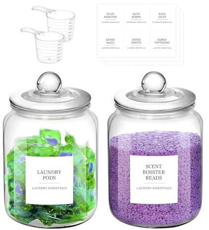MoYouno Laundry Pods GlassJars, 2L,Half Gallon Glass Jars,Large Laundry Detergent Dispenser,Containers for Laundry Room Organization and Storage,Scent Booster Beads Holder (2)