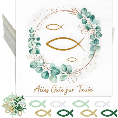 HUKUMA 40 Stück Servietten Kommunion + 80 Holzfische Streudeko, Konfirmation Deko Junge Mädchen Eukalyptus Grün,Gastgeschenke Tischdeko für Taufe, Kommunion, Konfirmation und mehr, 33 x 33cm