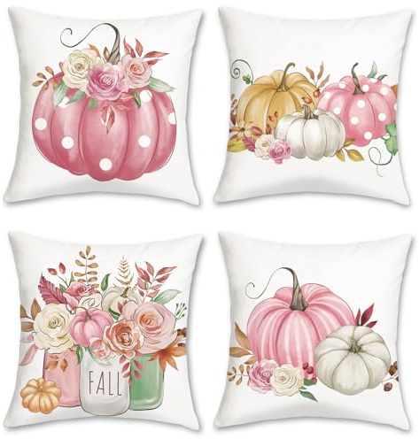 COZZSNUGE Herbst Kürbis Kissenbezüge 45 x 45 cm, Rosa Kürbisse Blumen Samtig Dekorative Kissenhülle Zierkissenbezüge für Sofa Wohnzimmer Zuhause 4er Set