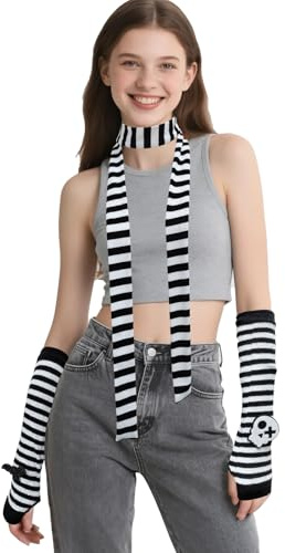 SwirlColor Armwärmer und Schals Set, gestreifte armstulpen damenn dünne Schals lange fingerlose Handschuhe für Frauen Mädchen Herbst Winter Halloween Kostüm