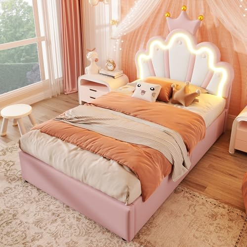 Merax Kinderbett 90x200, Polsterbett für Mädchen Kronen-Einzelbett mit verstellbarem Kopfteil, LED-Streifen, Hydraulischer Stauraum, aus PU-Leder Bettrahmen mit Lattenrost(ohne Matratze), Rosa