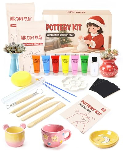 cyctravel Kit Ceramica Fai Da Te, Kit Argilla Include 1 kg di Argilla Modellabile Senza Cottura, con Vernice per Argilla Essiccata All'Aria, Kit Ceramica Adatto ai principianti