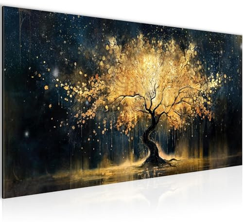 Runa Art Wandbild Abstrakt 100L x 40B cm Modern Bild auf Vlies Leinwand Goldfarben Wohnzimmer Schlafzimmer Büro Baum leuchtend 056912a