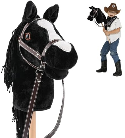 SKUTZTEK Hobby Horse Steckenpferd für Kinder | Mit Abnehmbare Zügel & Realistischere Borsten | Plüschpferd auf Holzstab | Reitspielzeug Für Kinderreitsport, Dressur und Springreite (Schwarz)