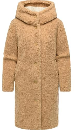 Ragwear Damen Teddymantel langer Wintermantel Plüschmantel mit Knopfleiste und Kapuze Joonie YOUMODO XS-3XL
