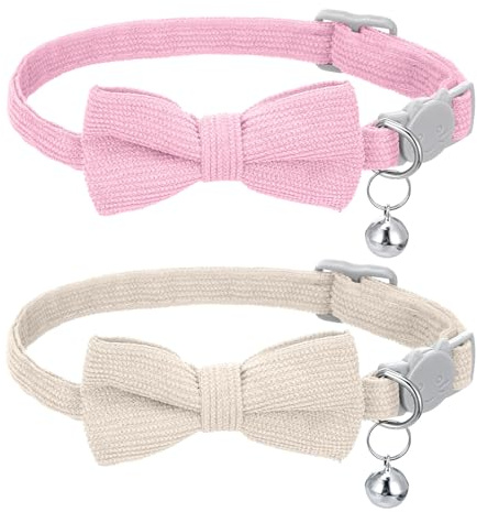 2 Stück Katzenhalsband Weiches Cordhalsband für Kleine Katzen mit Glöckchen und Fliege Katzenhalsband Verstellbar Sicherheitsfliege für Hochzeiten Halloween Weihnachts Ankleide