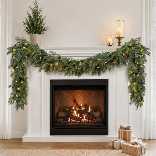 Pre-Lit Christmas Garland 6FT Decorations Real Touch Cedar Cypress Pine Greenery Artificial Green Christmas Garland with Lights for Mantle, Fireplace, Table, Stairs, Door, Indoor Outdoor Decorations