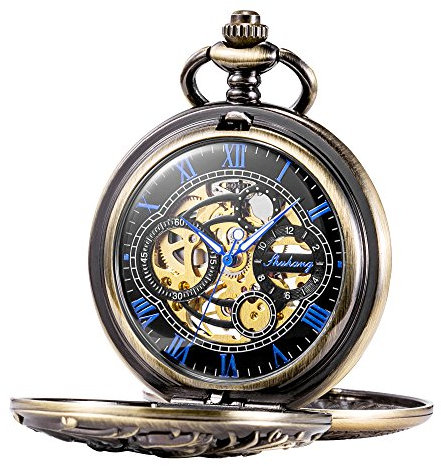 TREEWETO Unisex Taschenuhr mit Kette Analog Handaufzug Doppelscharnier Antik Drache Skelett Bronze