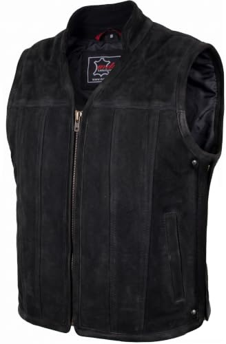 MDM Herren Biker Lederweste aus Echtleder, mit Biker Kragen, Motorradweste, Lederkutte 1,1–1,2 mm, Büffel Nubuk oder Rindsleder Glatt, Reißverschluss, 4 Taschen, Seitenerweiterung, Chopper Clubweste