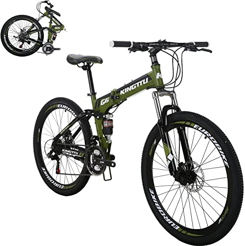EUROBIKE 26” Mountain Bike,Full Suspension Folding Mountain Bike,21 Speed Foldable Bicycle Men or Women MTB for Afult…(G6 ArmyGreen)