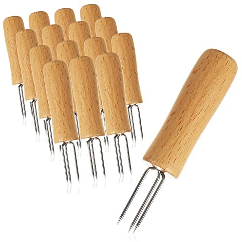 COM-FOUR® 16x forchetta per patate con 3 punte in acciaio inossidabile, antiruggine, riutilizzabile come spiedino di mais, aiuto per sbucciare (16 pezzi - legno)