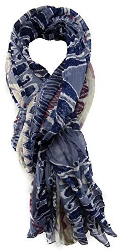 TigerTie gecrashter Chiffon Schal in blau grau beige rot gemustert Tuch Gr. 180 x 100 cm