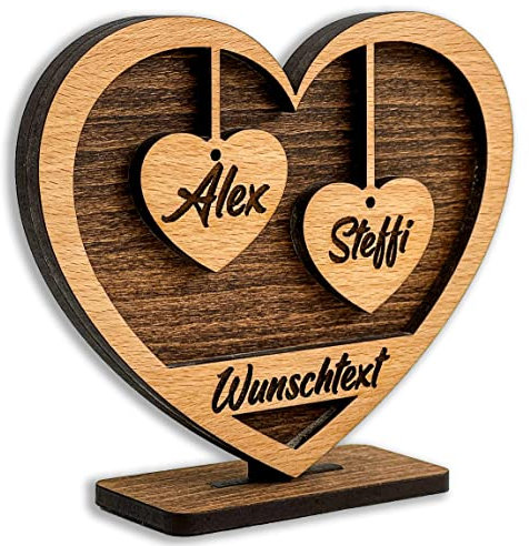 DARO Design - Herz mit Gravur aus Holz - Wunschtext und 2 Namen - Geschenk für Eltern, Großeltern, Oma, Opa, Enkel, Freunde, Liebe - Größe 15x12x4cm - Individuell, Persönlich