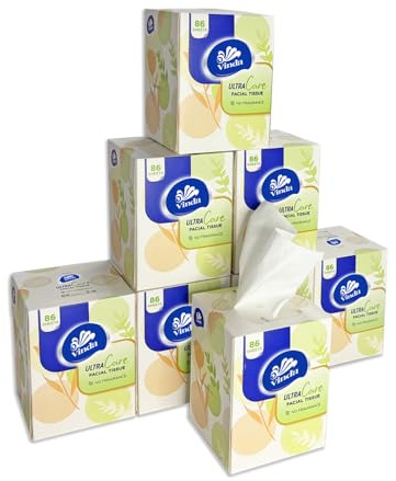 Vinda Mouchoirs Doux Premium 3 Plis - 8 Boîtes Cubiques (688 Mouchoirs) - Extra Absorbant, 100% Pure Pâte de Bois - Mouchoirs Facial Jetables Sans Parfum