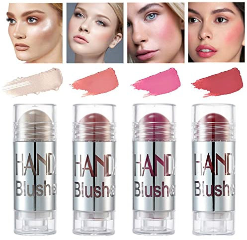 Barra de rubor facial de 4 colores, barra de rubor resaltado mate, barra correctora de contorno, barra de crema de rubor natural de larga duración para mejillas, ojos y labios (A)
