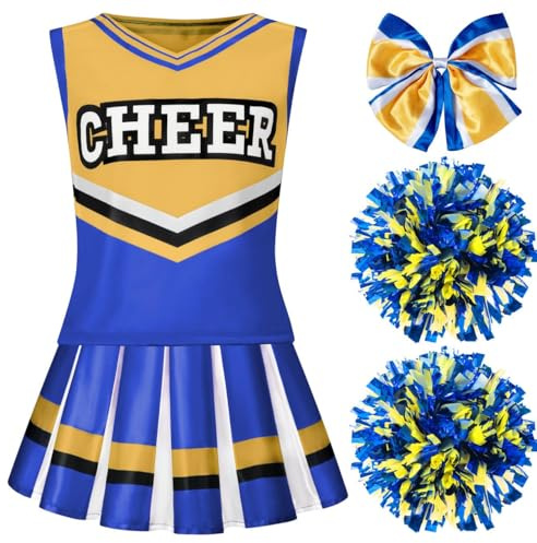 Spooktacular Creations Halloween-Cheerleader-Kostüm für Mädchen, blaues Cheerleader-Uniform-Set, süßes Cheerleader-Outfit mit Accessoires für Halloween-Verkleidung, High-School-Mottoparty