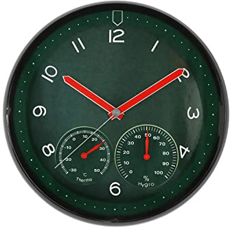 MPM Quality Orologio da parete in plastica, verde, motore a passo al quarzo, igrometro, termometro, indicatore di temperatura e umidità, quadrante originale, E01.3084.40, ∅ 314 x 45 mm