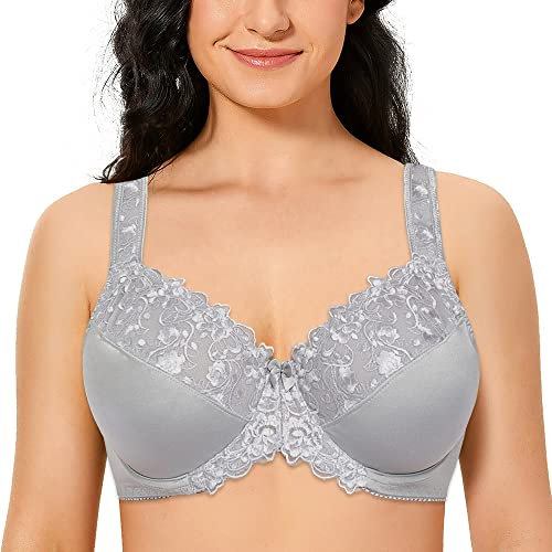 TELIMUSSTO Women's Full Coverage Floral Lace Underwired Bra Plus Size Non Padded Comfort Bra, Grey, 32J US