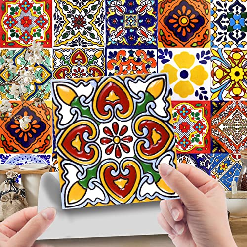 24 piezas de adhesivos para azulejos de pared, adhesivo de azulejos de colores, adhesivos de azulejos marroquíes DIY, papel tapiz autoadhesivo para cocina y sala de estar (10x10 cm)