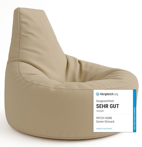 PATCH HOME Gamer Kissen & Lounge Sitzsack – befüllbar mit Reißverschluss, gefüllt mit Styropor, geeignet für In- & Outdoor. Perfekt als Gaming Sessel Sitzkissen (Beige, Ø 65cm x Höhe 70cm Junior)
