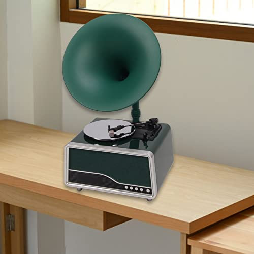 Tocadiscos Retro con Bluetooth, Gramófono Vintage, Gramófono Nostálgico USB con Función de Radio FM, Control Remoto, Tocadiscos para Entretenimiento y Decoración del Hogar (Verde negruzco)
