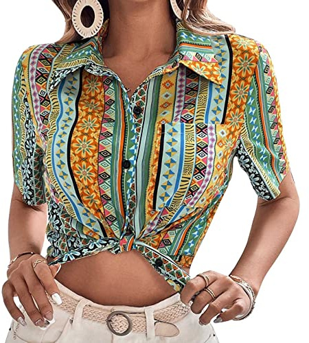 Airshi Haut à Manches Courtes, Col Rabattu, Mode Décontractée, Poche Poitrine, Chemise Boutonnée pour Le Travail de Bureau pour Dame (XL)