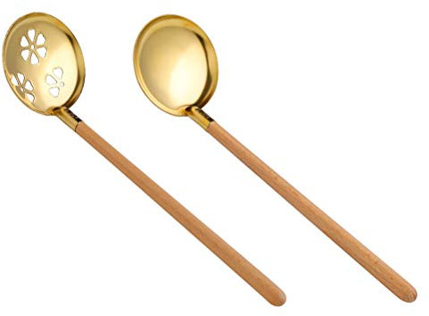 Lot de 2 louches, cuillères, passoire en acier inoxydable, cuillère à crème glacée, cuillères à café, cuillères à gâteau, cuillères vintage, louche à soupe et passoire fendue, ustensile de service, us