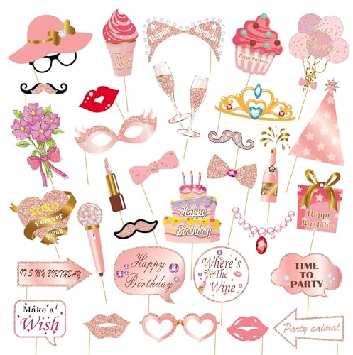 33 Pcs Rose Gold Photo Booth Props, Happy Birthday Table Centerpieces & Party Favor Supplies for Women's Birthday Celebration Decorations