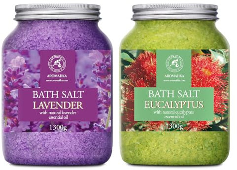 Sali da Bagno Set Lavanda & Eucalipto 2х1300g - Sale Marino con Olio Essenziale di Lavanda - Olio Essenziale di Eucalipto - Bagno Rilassante - Cura del Corpo - Relax - Bellezza - Aromaterapia