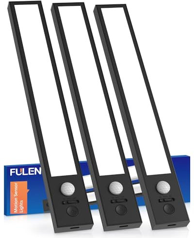 FULEN Lampe d'intérieur Avec détecteur de Mouvement, 2500mAh Veilleuse LED Rechargeable, éclairage LED Sans Fil Pour Cuisine Sous les Meubles, Armoires, 3 Températures de Couleur (Paquet de 3),Noir