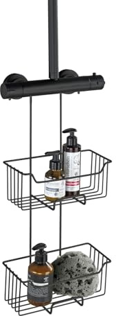 WENKO Thermostat-Dusch-Caddy Mod. Milo, 2 Etagen, Duschregal zum Hängen an die Armatur, Ablage aus Edelstahl (rostfrei), 25 x 55 x 14 cm, Schwarz