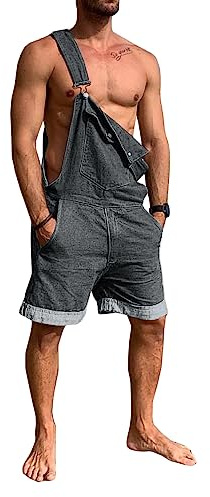 Runcati Mono de mezclilla para hombre, pantalones cortos de verano, ropa de trabajo, ajustable, informal, pantalones cortos, holgados, gris, M