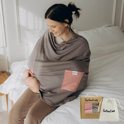 Bebeezoo Premium Bamboo Nursing Cover for Breastfeeding 6-in-1 with 2 Pockets, 360 Privacy, Feeding Cover, Soft Breathable Nursing Shawl, Scarf, Stretchable Baby Seat Cover, Poncho (Beige/Pink)