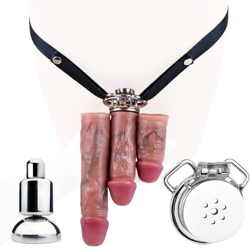 SMGKB 2024 SM Neu Negativer Peniskäfig Keuschheitsgürtel Mit Realistischer Dildo Chastity Cage,Keuschheit Fetisch Extrem Penis Bondage Penis Sexspielzeug für Männe (Schwarz Gürtel,L-Dildo,45mm Ring)