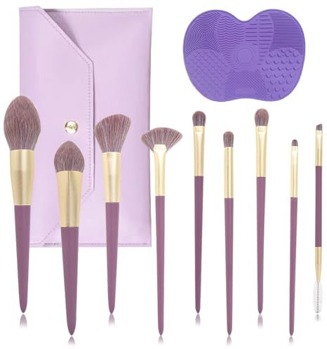 JSTHHTT 9 Pezzi Pennelli Make Up, Set di Pennelli con Trousse in Pelle PU, Pennelli Trucco Professionali, Spazzole per Cosmetici Tappetino per Pulizia