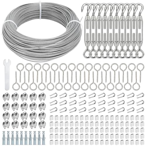 TooTaci 2mm Wire Rope Kit, 100M Garden Wire PVC Coated Steel Cable | with Turnbuckle & Tensioner, Wire Trellis Kit for Climbing Plants /Outdoor Lights Hanging Kit/Wire Curtain Systems