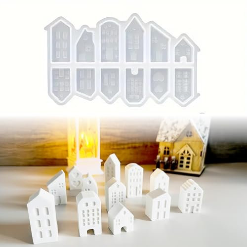 ZWWOGE Moules en silicone pour maisons, mini maisons, 12 moules en silicone, pour verser avec plâtre, béton créatif, cire, poudre de coulée, moule maison
