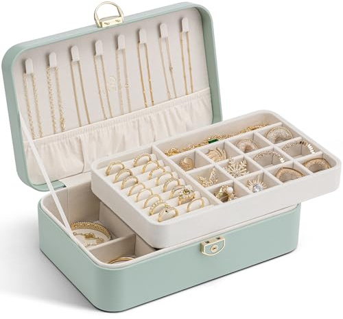 Vlando Schmuckschatulle für Damen und Mädchen, 2-lagiges Schmuckkästchen mit Schloss, Schmuckaufbewahrung, Ohrringe, Halskette, Ringe, Geschenk-Box, Verpackung, Hochzeit, Geburtstag, Aqua-Grün