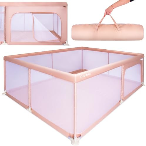 sun baby Parque Infantil 150x200 cm 0-2 años Salmón, poliéster, paredes de malla, entrada con cremallera, pies antideslizantes, bolsa incluida, estructura metálica