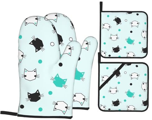 Ensemble de gants de cuisine et maniques - Noir et blanc - Motif chats - Résistant à la chaleur - Surface antidérapante - Pour la cuisine, la cuisson, le grill, le barbecue