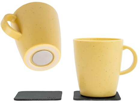 Silwy®, set di tazze magnetiche DOLOMIT giallo, 2 tazze con manico in plastica + 2 cuscinetti in gel nano in metallo, tazze magnetiche per camper, campeggio e barca, senza sonaglio, antiscivolo e