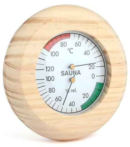 UIHRLM Wood Sauna Thermometer and Hygrometer, 2-In-1 Round Wooden Sauna Digital Thermo-Hygrometer, High Accuracy Saunas Accessories for Measuring Steam Room Temperature and Humidity