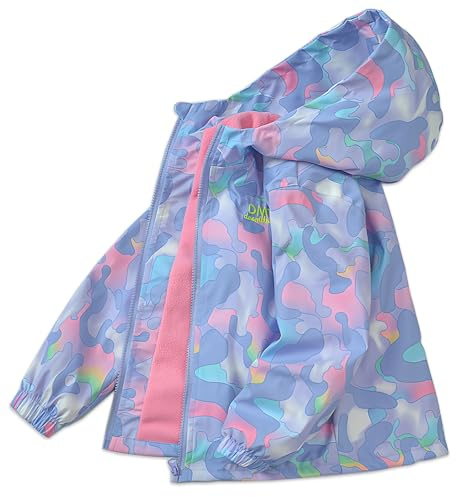 Exemaba Kids Waterproof Jacket for Girls Wind Resistant Fleece Lined Rain Coat with Hood(Purple,120/3-4y)
