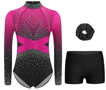 Sinleey gymnastikdräkt för flickor, långärmad gymnastikdräkt med byxor och hårband 3-delad gymnastikoutfit tävling, En het rosa, 122-128
