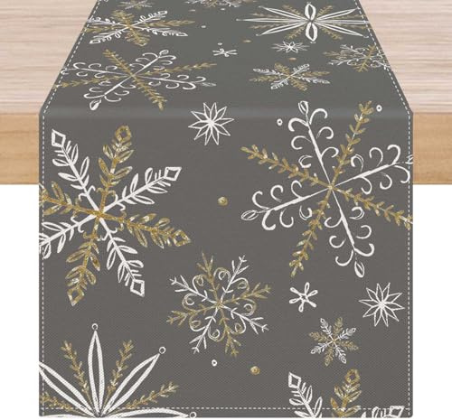 ViaElayu Weihnachtsdeko Tisch Tischläufer Weihnachten Tischdeko Grau Weihnachtstisch Deko Tischläufer Weiß Gold Schneeflocke Kurz Weihnachtstischdecke Winter Weihnachtstischläufer Modern 40x180 cm