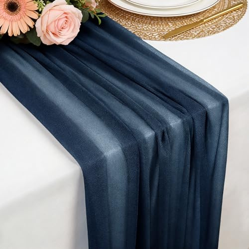 Chemin de Table en Mousseline Bleu Marine, 77 x 300 CM Chemins de Table Doux et Confortable en Mousseline de Soie pour Mariage Bohème,Fête, Baptême,Baby Shower ou Décoration de Table de Cuisine